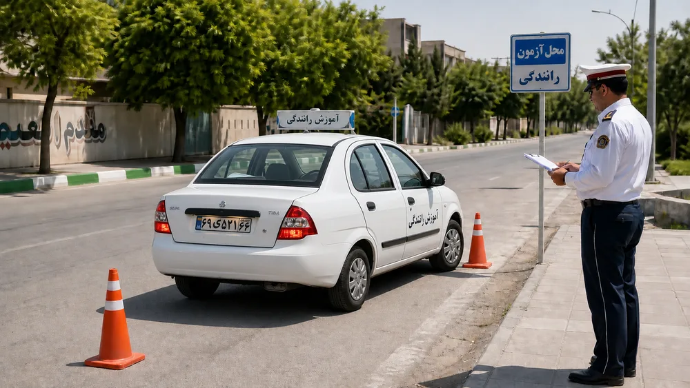 آزمون عملی رانندگی (آزمون شهری) با حضور افسر ممتحن؛ انجام پارک دوبل بین مخروط‌ها