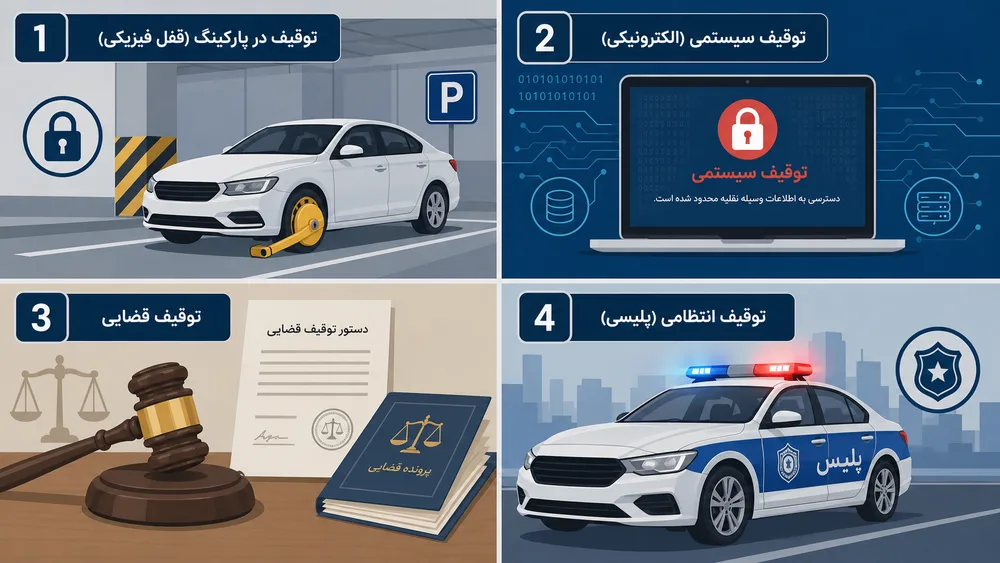 انواع توقیف خودرو شامل توقیف فیزیکی، سیستمی، قضایی و انتظامی